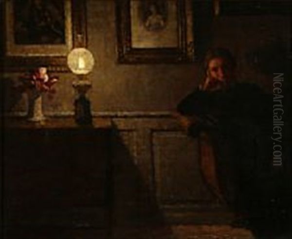 Interior With The Artist's Wife In The Glow Of A Lamp Oil Painting by Niels Holsoe