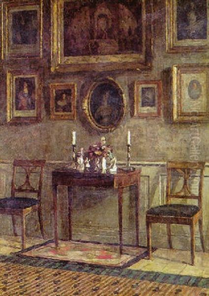 Interior Med Vaeg Med Kobberstik Oil Painting by Niels Holsoe