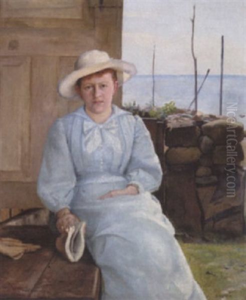 Dame I Lysebla Kjole Siddende Ved Et Stengaerde Oil Painting by Sophie Holten