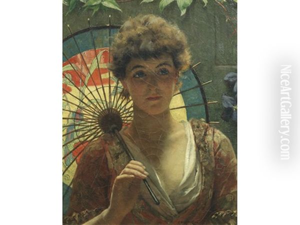 Portrait Of A Beauty With A Chinese Parasol Oil Painting by Rowland Holyoake