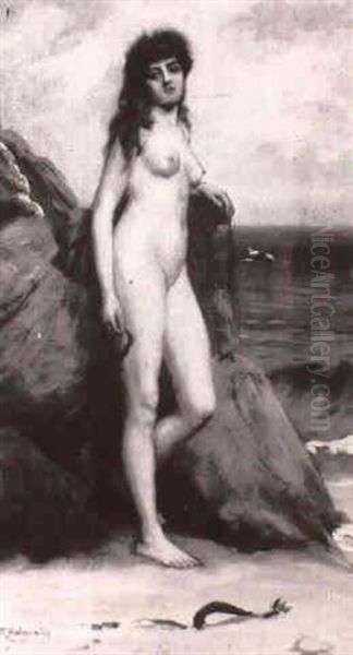 Girl Leaning Against Rocks On A Seashore Oil Painting by Rowland Holyoake