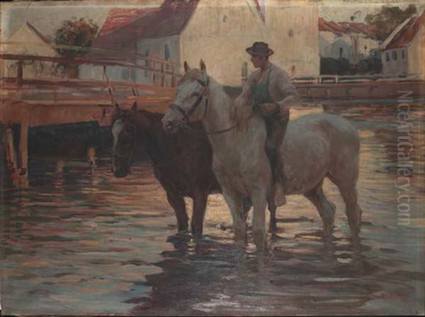 Pferde In Der Schwemme Oil Painting by Johann Daniel Holz