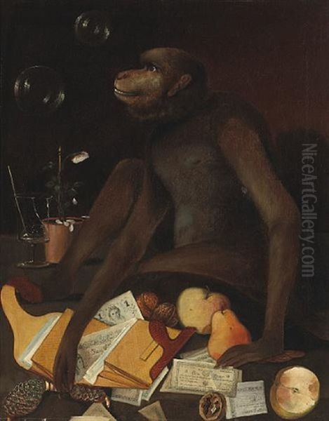 A Monkey With A Still Life Of Documents, Fruits And Nuts Oil Painting by  Holzer
