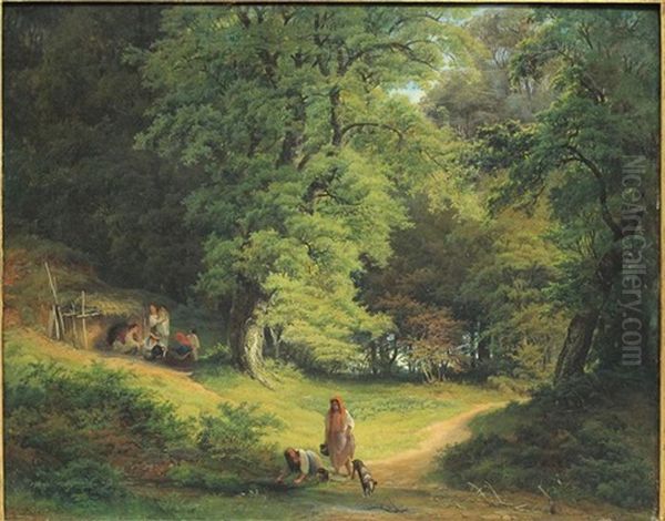 Zigeunerlager In Einer Waldlichtung Oil Painting by Josef Holzer
