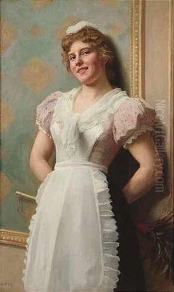 Ein Junges Stubenmadchen Lehnt Lachelnd An Einem Gemalde Oil Painting by Georg Hom