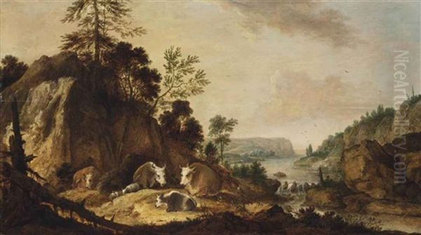 A Rocky River Landscape With Cows And Sheep Resting Oil Painting by Gillis Claesz De Hondecoeter