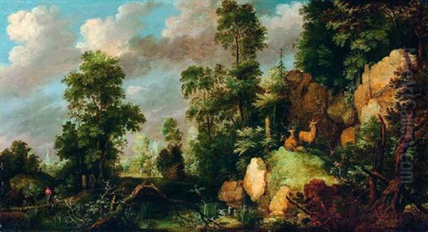 Wilde Waldlandschaft Mit Verwachsenen Alten Stammen, Wildem Wurzelwerk Und Auf Einer Anhohe Zwei Hirschen Oil Painting by Gillis Claesz De Hondecoeter