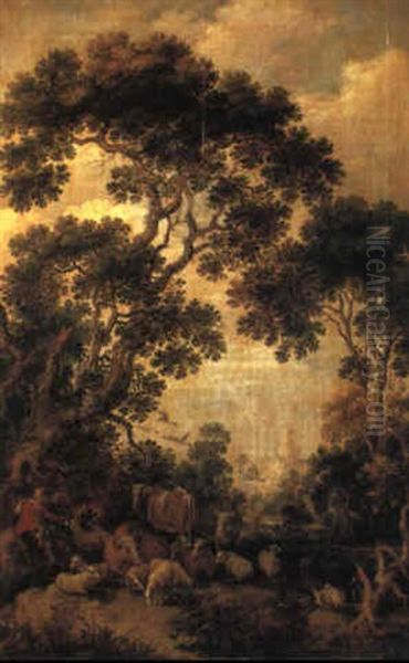Shepherd With Herd In Wooded Landscape Oil Painting by Gillis Claesz De Hondecoeter