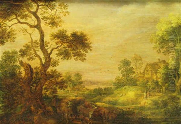 Wooded Landscape With Cows And Figures Oil Painting by Gillis Claesz De Hondecoeter