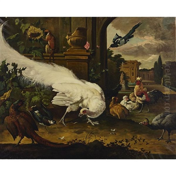 Der Weisse Pfau (the White Peacock) (with Pheasant, Lapwing, Magpie, Brown Spider Monkey, Cockerel, Bantams And A Guinea Fowl In An Ornamental Parkland Landscape) Oil Painting by Melchior de Hondecoeter