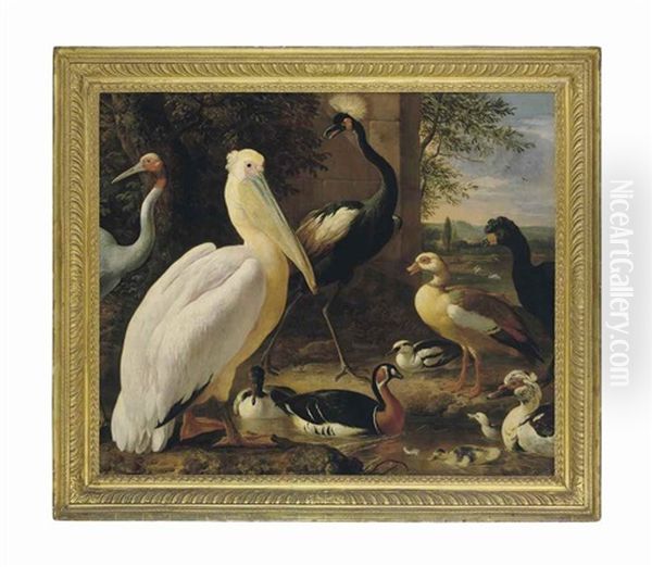 A Pelican, A Crowned Crane, A Curassow, A Sarus Crane And Ducks In A River Landscape Oil Painting by Melchior de Hondecoeter