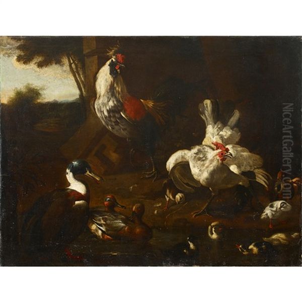 Roosters, Ducks, And Chicks Oil Painting by Melchior de Hondecoeter