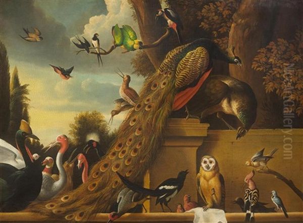Gathering Of Birds In A Landscape Oil Painting by Melchior de Hondecoeter