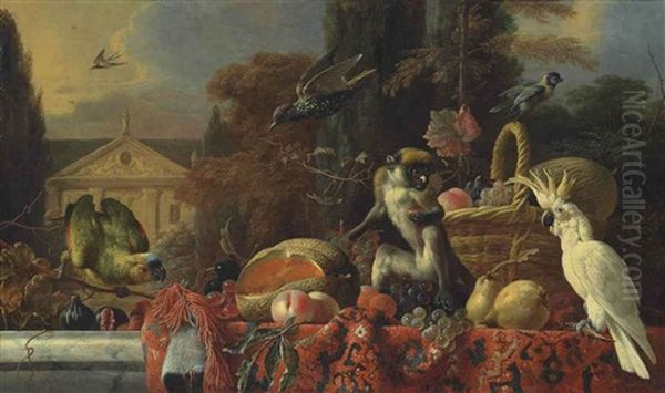A Cockatoo, A Monkey By A Wicker Basket Of Fruit, With A Blue Fronted Amazon Parrot And Figs, A Melon, Peaches And Other Fruit On A Partially Draped Marble Ledge, With A Starling And A Swallow In A Wooded Landscape, A Classical Building Beyond Oil Painting by Melchior de Hondecoeter