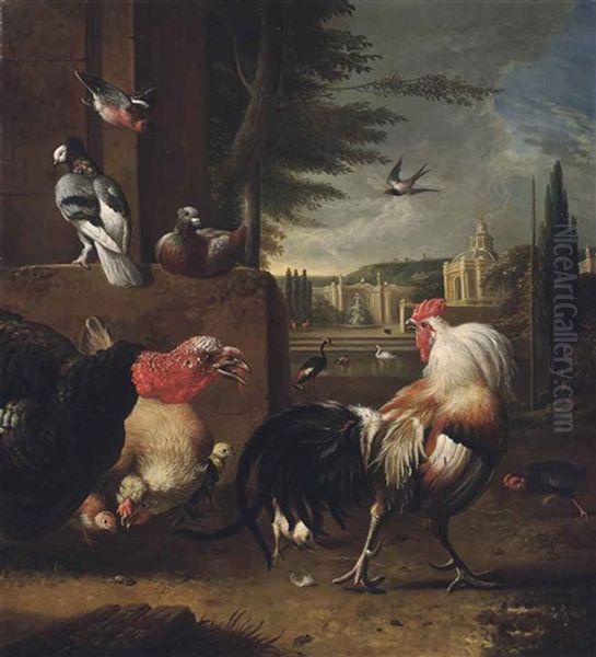 A Cockerel, A Turkey And Other Birds In A Landscape, An Elegant Courtyard Beyond Oil Painting by Melchior de Hondecoeter