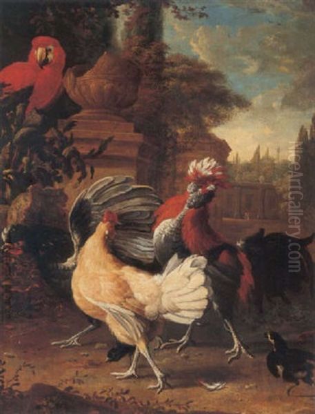 Cockrels, A Hen, And A Parrot In A Garden Oil Painting by Melchior de Hondecoeter