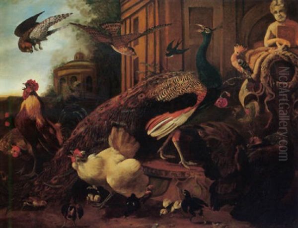 Falcons Surprising A Peacock, Cockerels, Hens And Their Chicks, Together With Other Birds, In An Ornamental Garden Oil Painting by Melchior de Hondecoeter