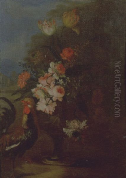 Gallina Presso Un Vaso Di Fiori En Plein Air Oil Painting by Melchior de Hondecoeter