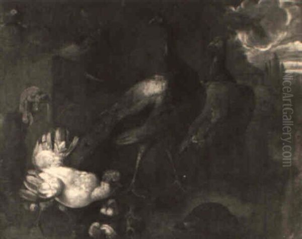 Turkeys In A Landscape Oil Painting by Melchior de Hondecoeter