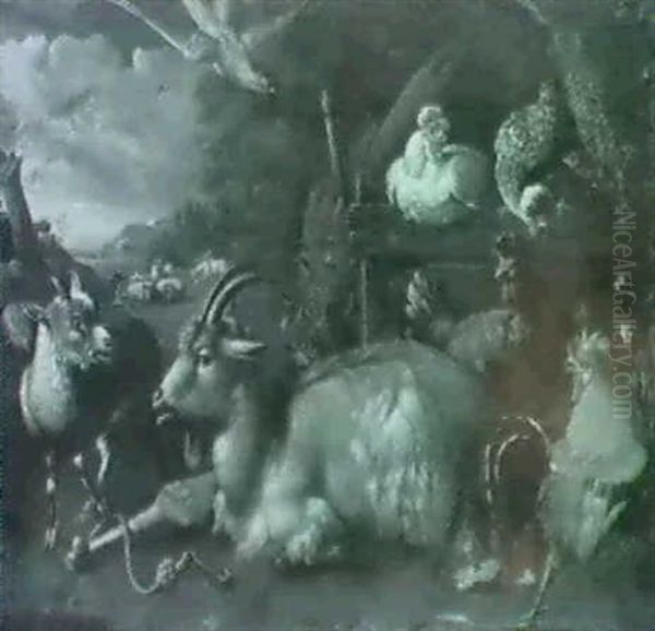 Goats Resting Near A Wooden Fence, With Chickens Nearby,    A Hedsman And Sleep In The Background. Oil Painting by Melchior de Hondecoeter