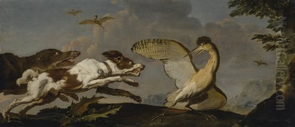 Two Hounds Chasing A Wounded Bittern Oil Painting by Abraham Danielsz. Hondius