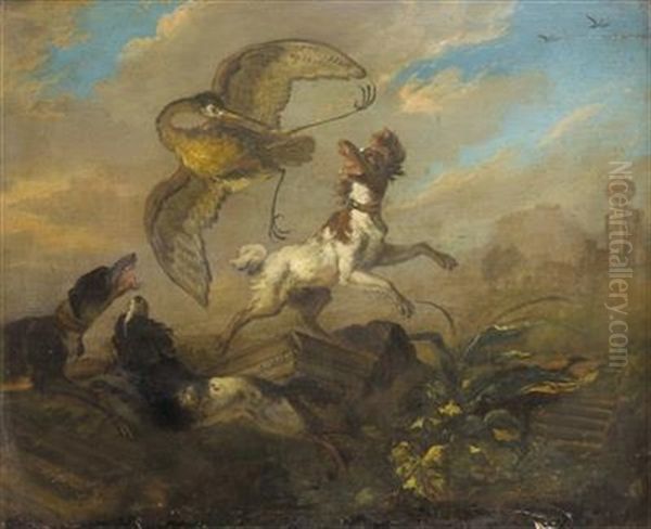 Drei Hunde In Landschaft Einen Reiher Attackierend Oil Painting by Abraham Danielsz. Hondius