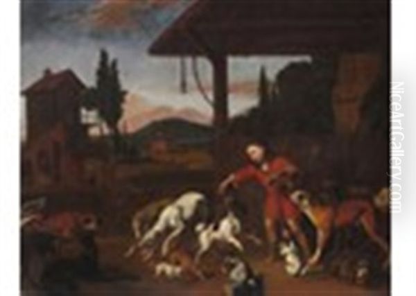 A Boy Feeding Numerous Dogs By A Barn, A Woman And A Child Beyond Oil Painting by Abraham Danielsz. Hondius