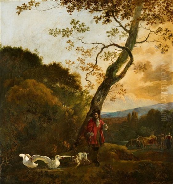 Hunter With A Dog Attacking Two Swans Oil Painting by Abraham Danielsz. Hondius
