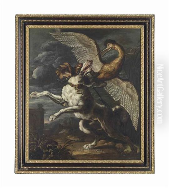 A Dog Attacking A Heron Oil Painting by Abraham Danielsz. Hondius