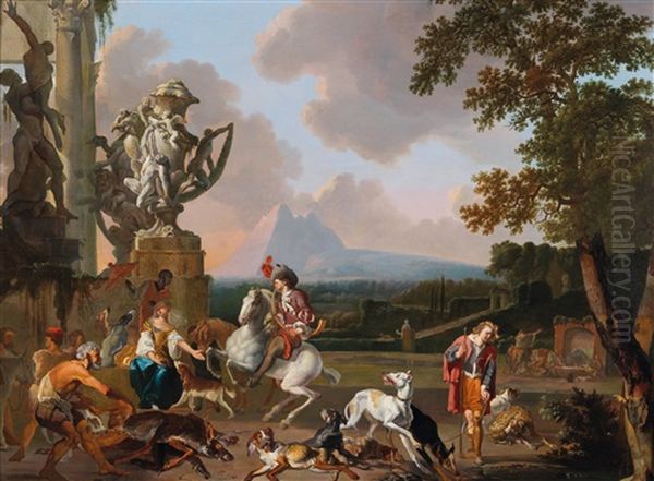 A Hunting Party By A Roman Ruin Oil Painting by Abraham Danielsz. Hondius