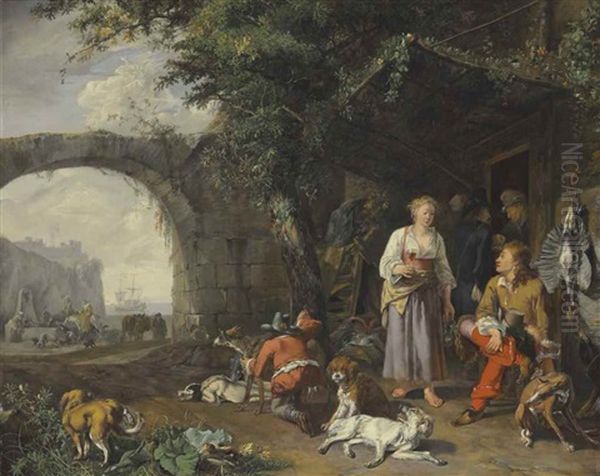 A Sportsman Offered Refreshment Outside An Inn While His Dogs Rest After A Hunt Oil Painting by Abraham Danielsz. Hondius