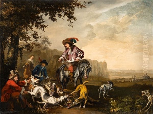 An Italianate Landscape With An Elegant Hunting Party Oil Painting by Abraham Danielsz. Hondius