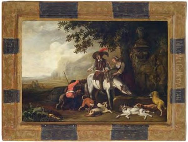 Jager Rasten Mit Ihren Hunden An Einem Brunnen Oil Painting by Abraham Danielsz. Hondius