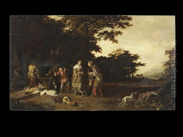 Hunting Party, Resting At An Inn Oil Painting by Abraham Danielsz. Hondius