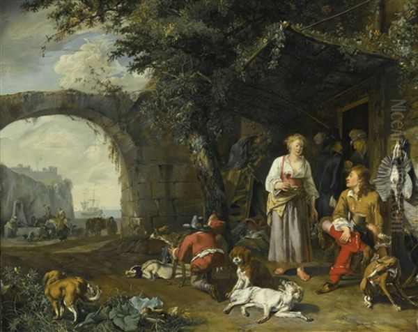 Sportsman Offered Refreshment Outside An Inn While His Dogs Rest After The Hunt Oil Painting by Abraham Danielsz. Hondius