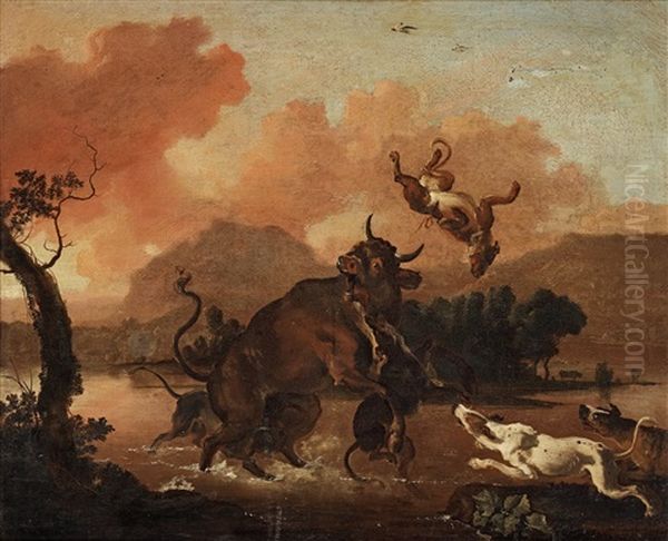 Dogs Attacking A Bull Oil Painting by Abraham Danielsz. Hondius