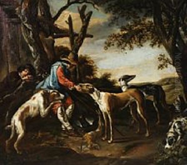 Hunters Resting With Their Dogs Oil Painting by Abraham Danielsz. Hondius
