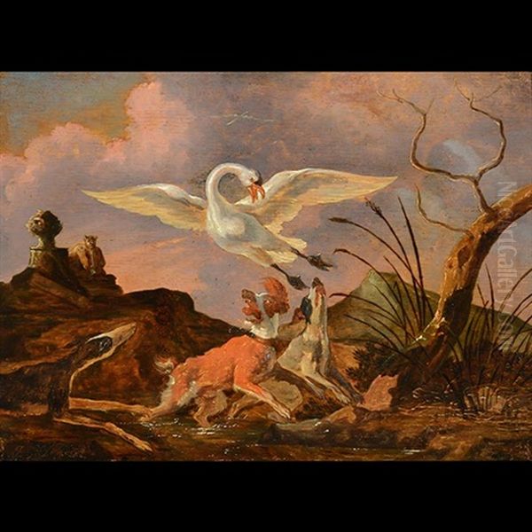 Dogs And Swans Oil Painting by Abraham Danielsz. Hondius