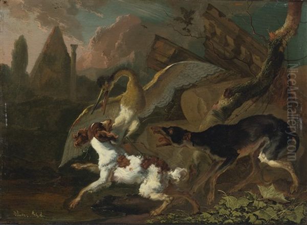 A Bird And Dog Fighting Oil Painting by Abraham Danielsz. Hondius