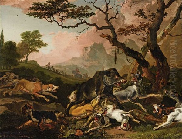 Boar Hunt Oil Painting by Abraham Danielsz. Hondius