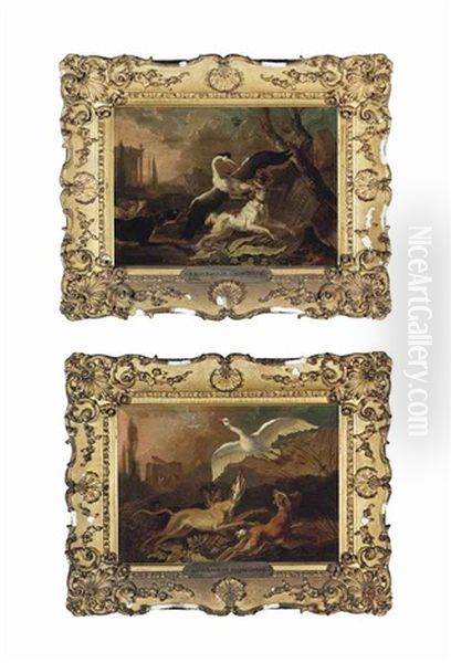 Hounds Attacking A Heron In An Italianate Landscape With Classical Ruins And Hounds Chasing A Goose In An Italianate Landscape... (2 Works) Oil Painting by Abraham Danielsz. Hondius