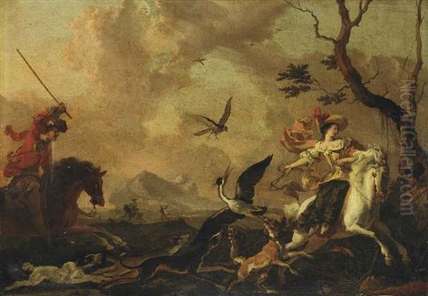 A Falconry Party Oil Painting by Abraham Danielsz. Hondius