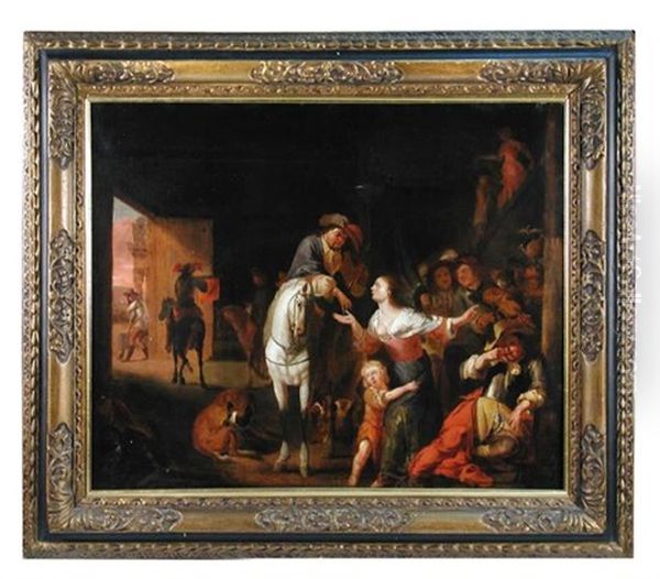 A Maid Enticing A Traveller With A Violin To Enter A Tavern, A Party Beyond Oil Painting by Abraham Danielsz. Hondius