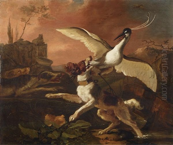 Hunting Scene With Landseer And Heron Oil Painting by Abraham Danielsz. Hondius