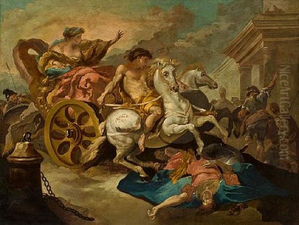 Tulia Driving Her Chariot Over The Body Of Her Dead Father Oil Painting by Abraham Danielsz. Hondius