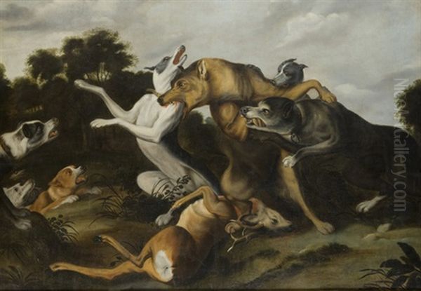 Scena Di Caccia Con Lupo Attaccato Da Cani (hunting Scene With A Wolf Assailed By Dogs) Oil Painting by Abraham Danielsz. Hondius
