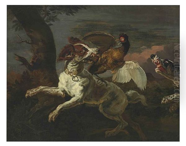 A Spaniel Attacking A Pheasant Oil Painting by Abraham Danielsz. Hondius