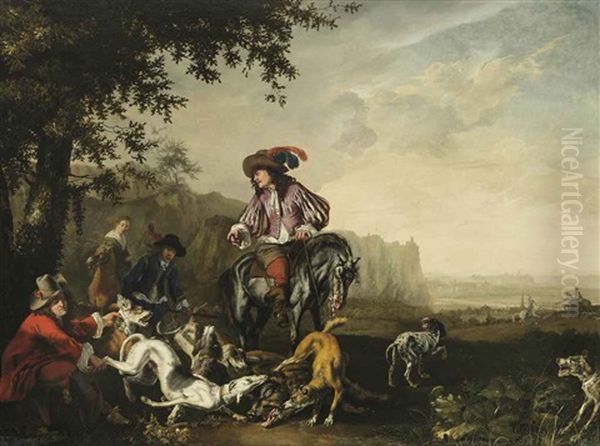 An Italianate Landscape With An Elegant Company On A Hunt, Dogs Catching A Wild Boar In The Foreground Oil Painting by Abraham Danielsz. Hondius