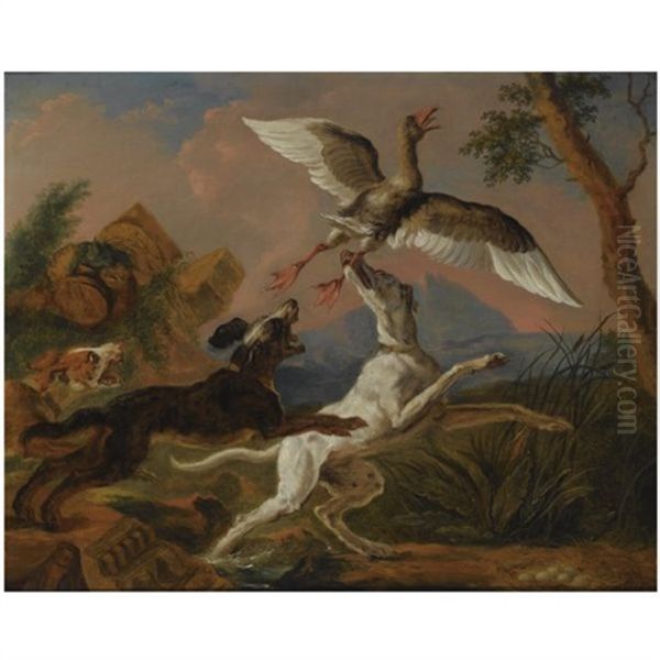 Three Hounds Chasing A Nesting Wild Goose In A Hilly Landscape Oil Painting by Abraham Danielsz. Hondius