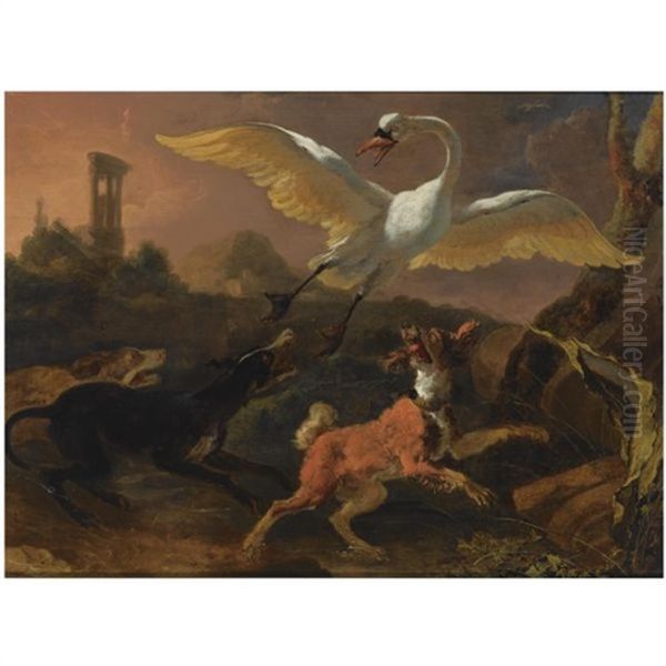 Three Hounds Chasing A Swan In A Landscape, A View Of A Ruin Beyond Oil Painting by Abraham Danielsz. Hondius
